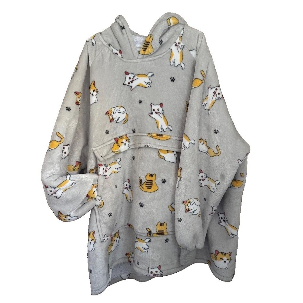 Wearable Fleece Blanket Cat Hoodie Gray One Size Adult Oversize Sherpa Cozy Warm
